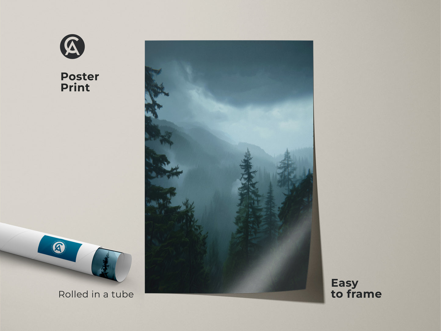 Poster print of a pine tree landscape print. This moody forest wall decor is easy to frame. Rolled in a tube this atmospheric nature canvas makes a great housewarming gift. Showcases a blue misty mountain artwork ready to be displayed.