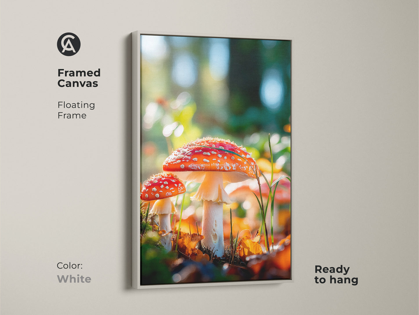 White framed canvas of mushroom art. This floating frame enhances the beauty of the mushroom artwork. The red capped mushrooms bring nature indoors. This canvas is ready to hang.
