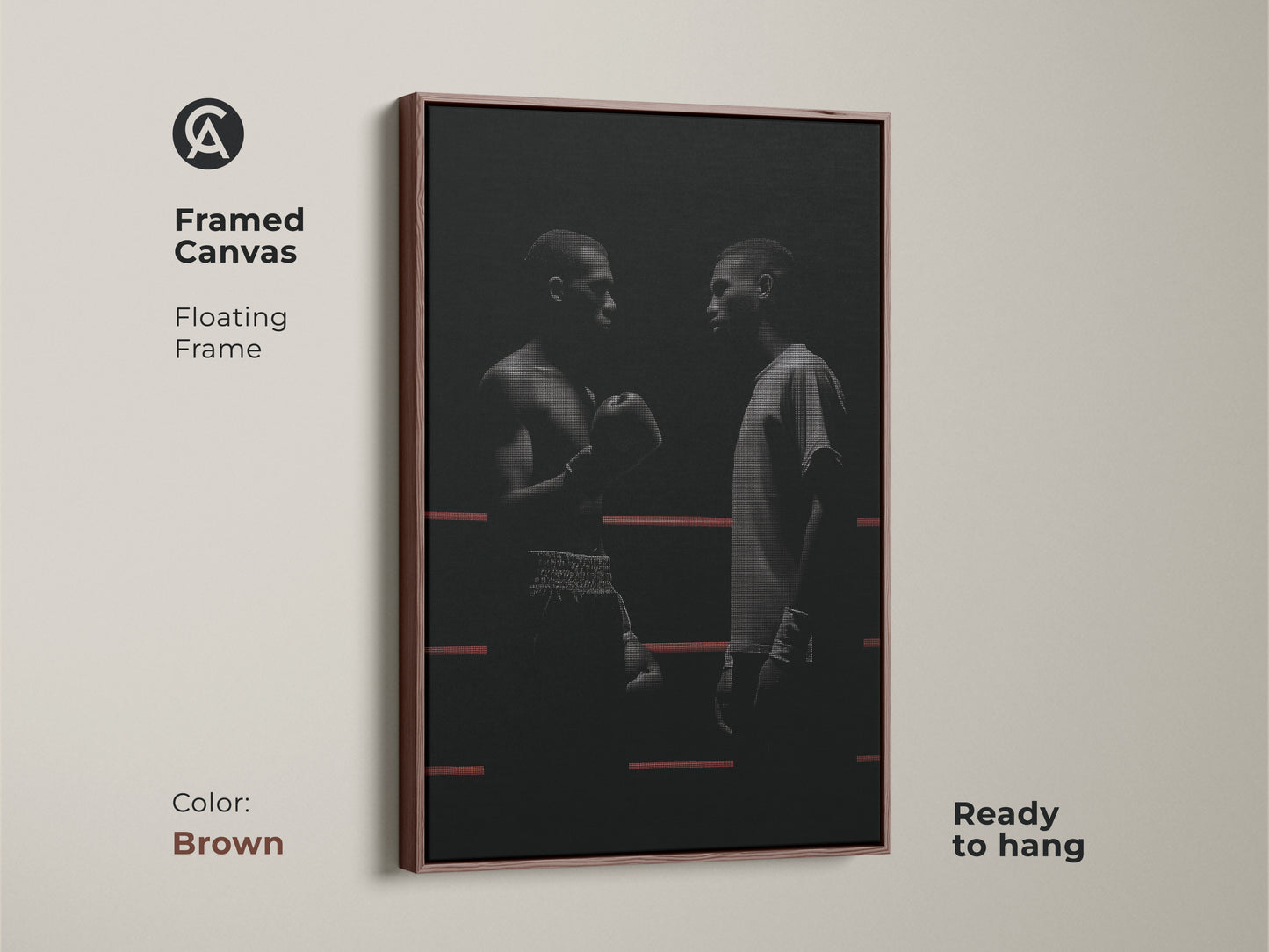 Framed canvas featuring minimalist boxer artwork in a brown floating frame. This black and white canvas art shows boxers in a ring. Enhance your industrial loft decor with this motivational boxer wall art. Ready to hang this artwork is a great gift for sports enthusiasts and boxing fans.