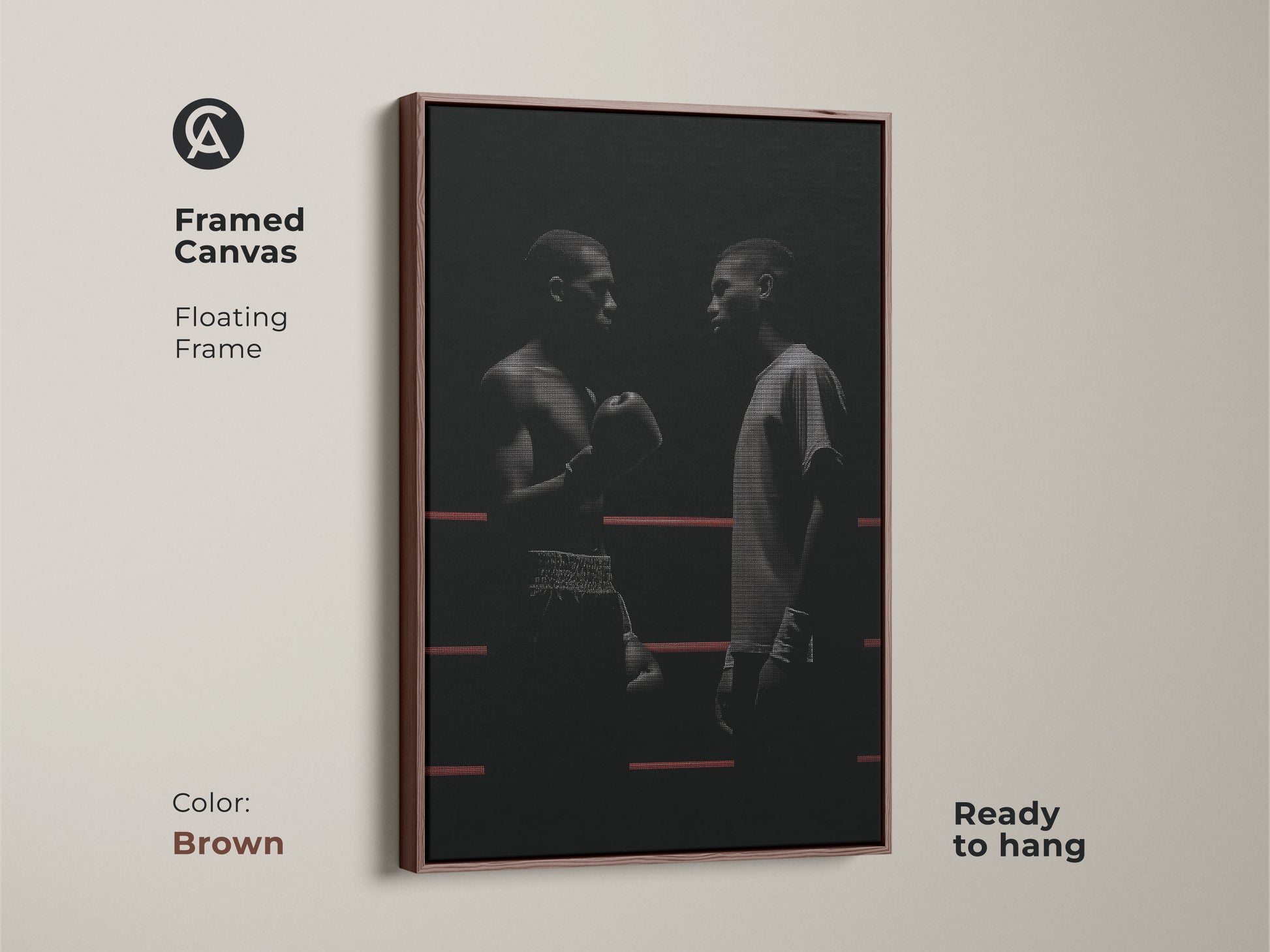Framed canvas featuring minimalist boxer artwork in a brown floating frame. This black and white canvas art shows boxers in a ring. Enhance your industrial loft decor with this motivational boxer wall art. Ready to hang this artwork is a great gift for sports enthusiasts and boxing fans.