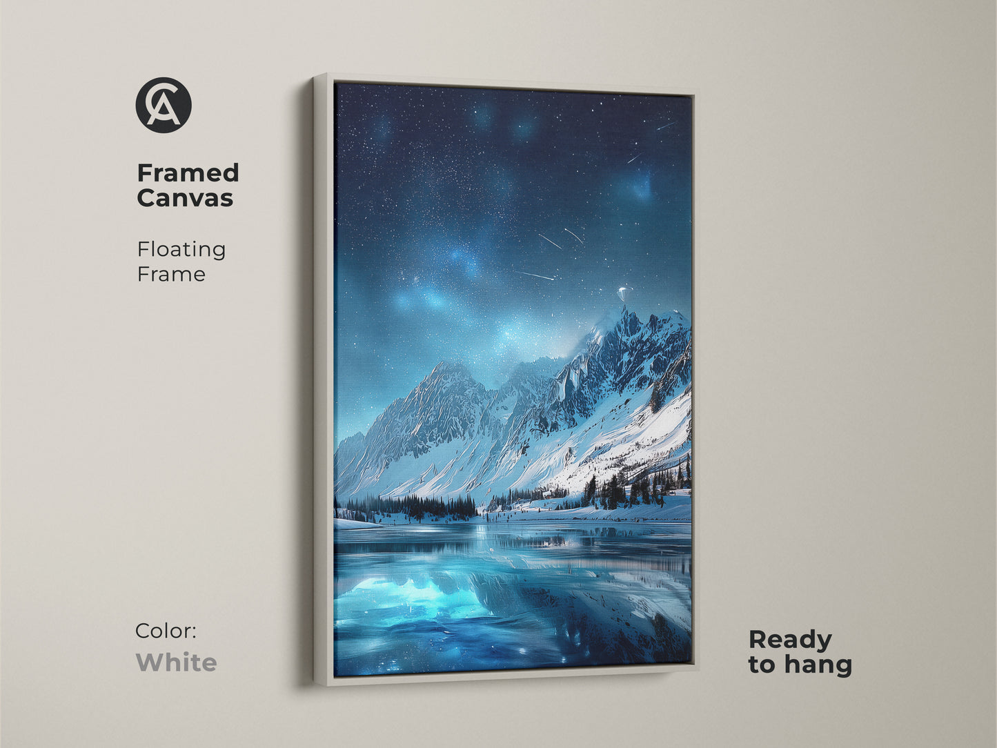 Framed canvas art of Starry Night Sky Over Mountain Lake. The white floating frame is ready to hang. This modern fantasy wall art is a housewarming gift. It is unique art for the living room.