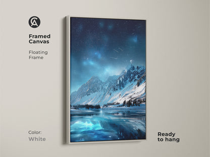 Framed canvas art of Starry Night Sky Over Mountain Lake. The white floating frame is ready to hang. This modern fantasy wall art is a housewarming gift. It is unique art for the living room.