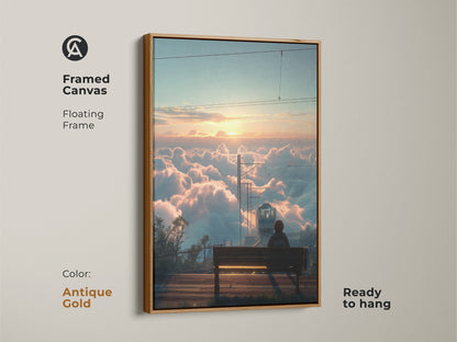 Framed canvas with a floating antique gold frame showcasing a train above the clouds at sunrise. This cinematic landscape wall art is ready to hang. The dreamy travel artwork brings a touch of wonder to your home. Perfect for contemporary interiors and as a unique wall decor gift. A serene nature sunrise print.