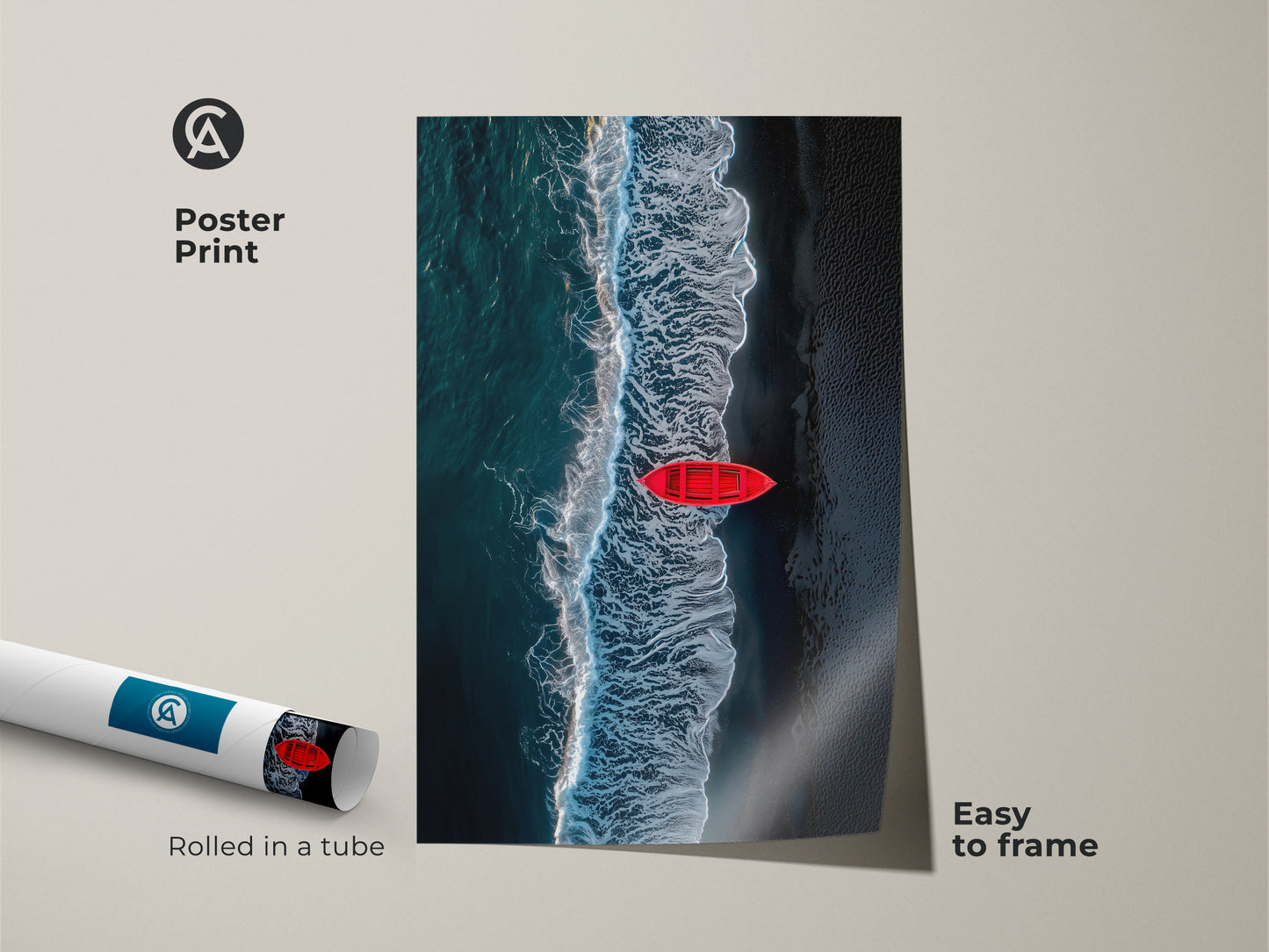 Poster print of a red rowboat on a dark sand beach. The ocean waves are crashing. The print is easy to frame. It ships rolled in a tube. This coastal artwork brings the sea to your home.