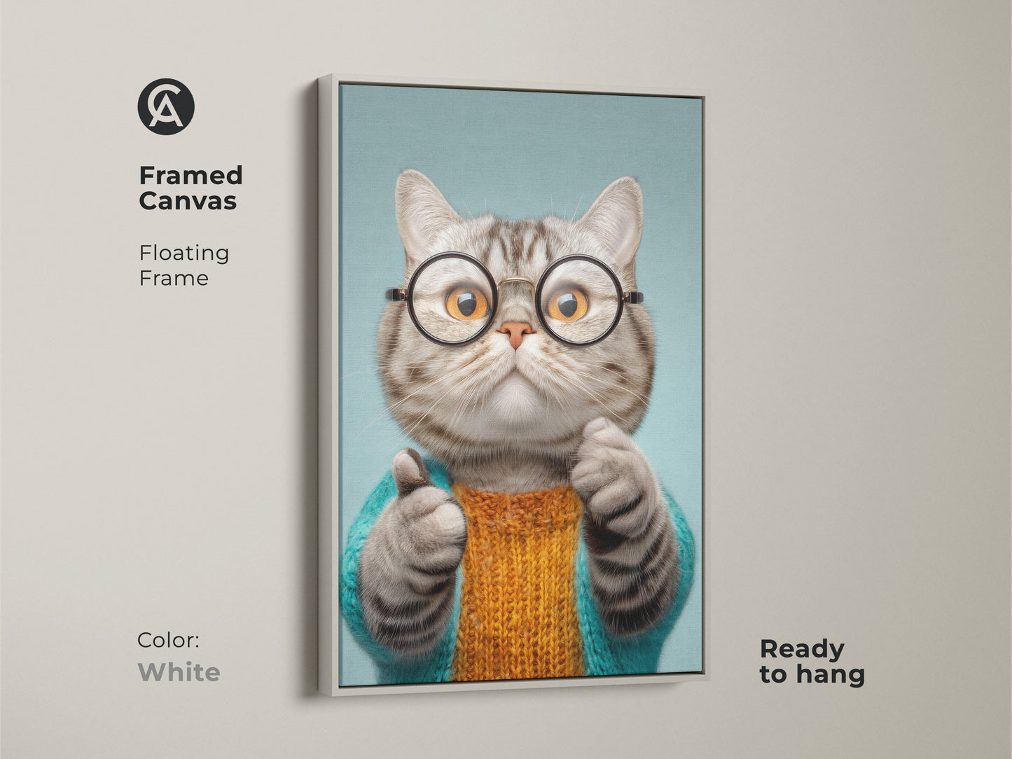 Framed canvas of a quirky cat art print. This floating frame features a funny cat wearing glasses and a teal sweater. This eclectic animal wall art is ready to hang. The white frame offers a clean look to the orange and teal cat artwork. This pet portrait wall decor brightens up any space.