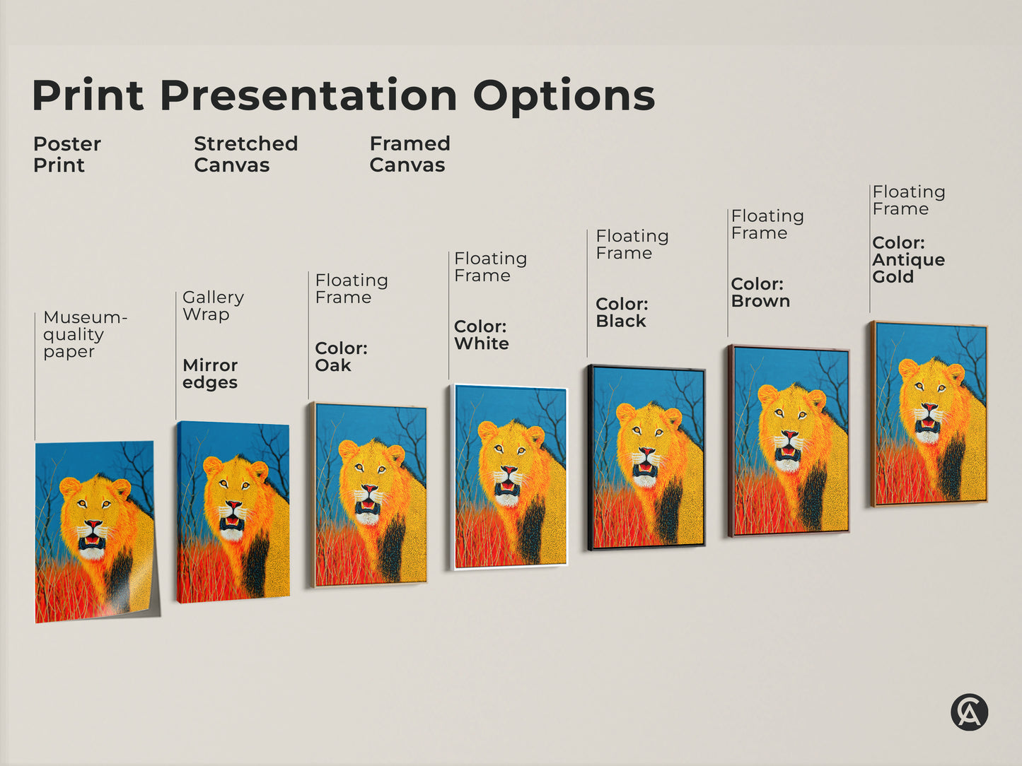 Explore our print presentation options. Choose from Poster Prints or Stretched Canvas. We also have Framed Canvas. Find museum-quality paper or gallery wrap options. Each lion artwork is ready to elevate your space with eclectic style and bold colors.