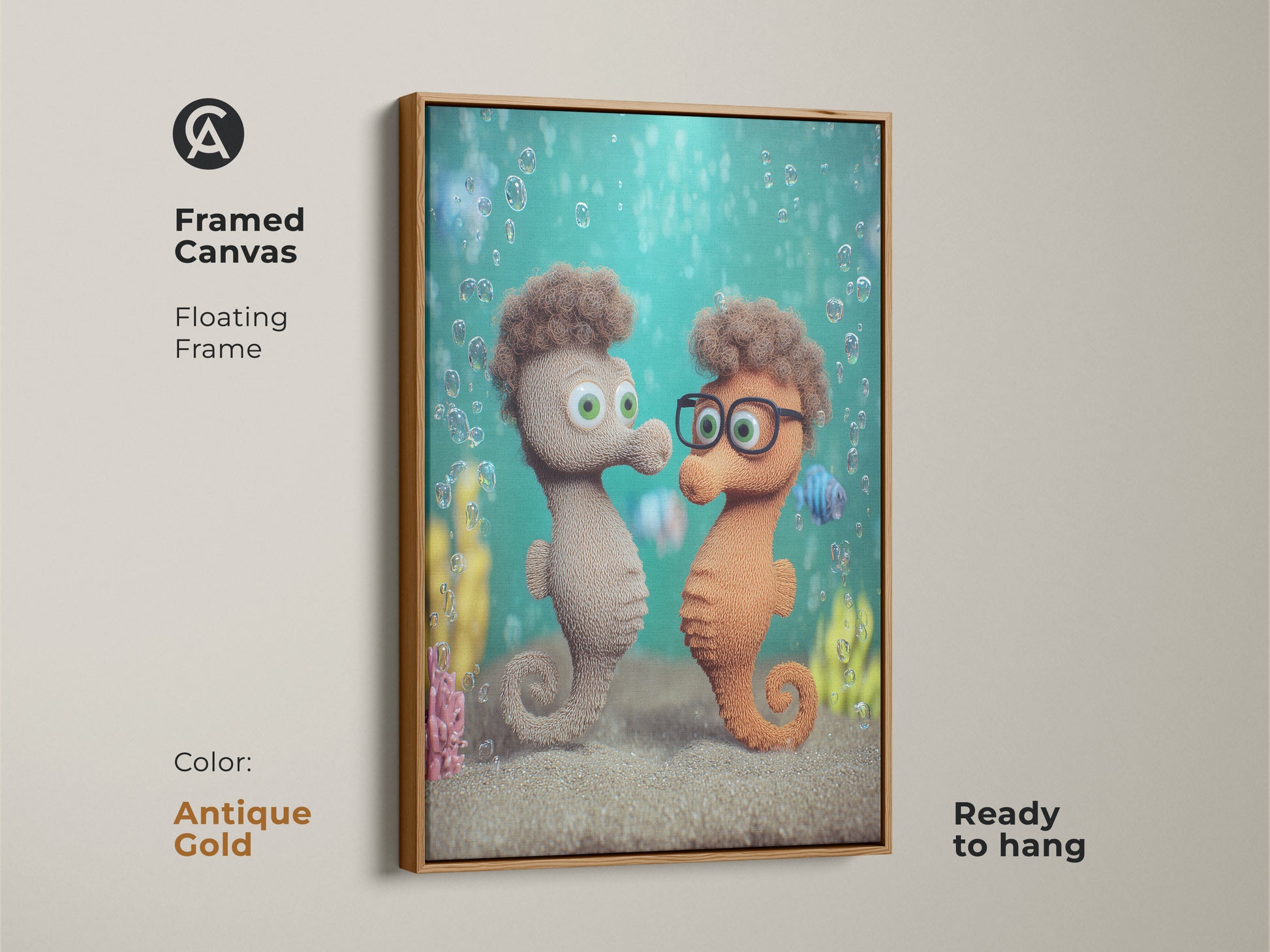 Framed Canvas features a cute seahorse couple art print. Cartoon animal nursery decor with a teal green bubble canvas is visible. This whimsical ocean theme artwork is ready to hang. The floating frame is antique gold.