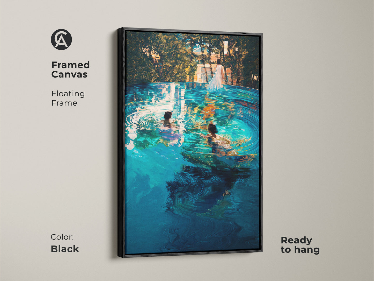 Black framed canvas showcasing turquoise blue infinity pool artwork. A couple swims in its cool waters. This floating frame enhances modern bedroom artwork. Ready to hang its a sophisticated touch to your home.