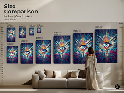 Size comparison of abstract eye artwork in inches and centimeters. Visualize the scale of psychedelic wall art in a room setting. The spiritual sunburst canvas is perfect for eclectic decor. Sizes range from small to large.