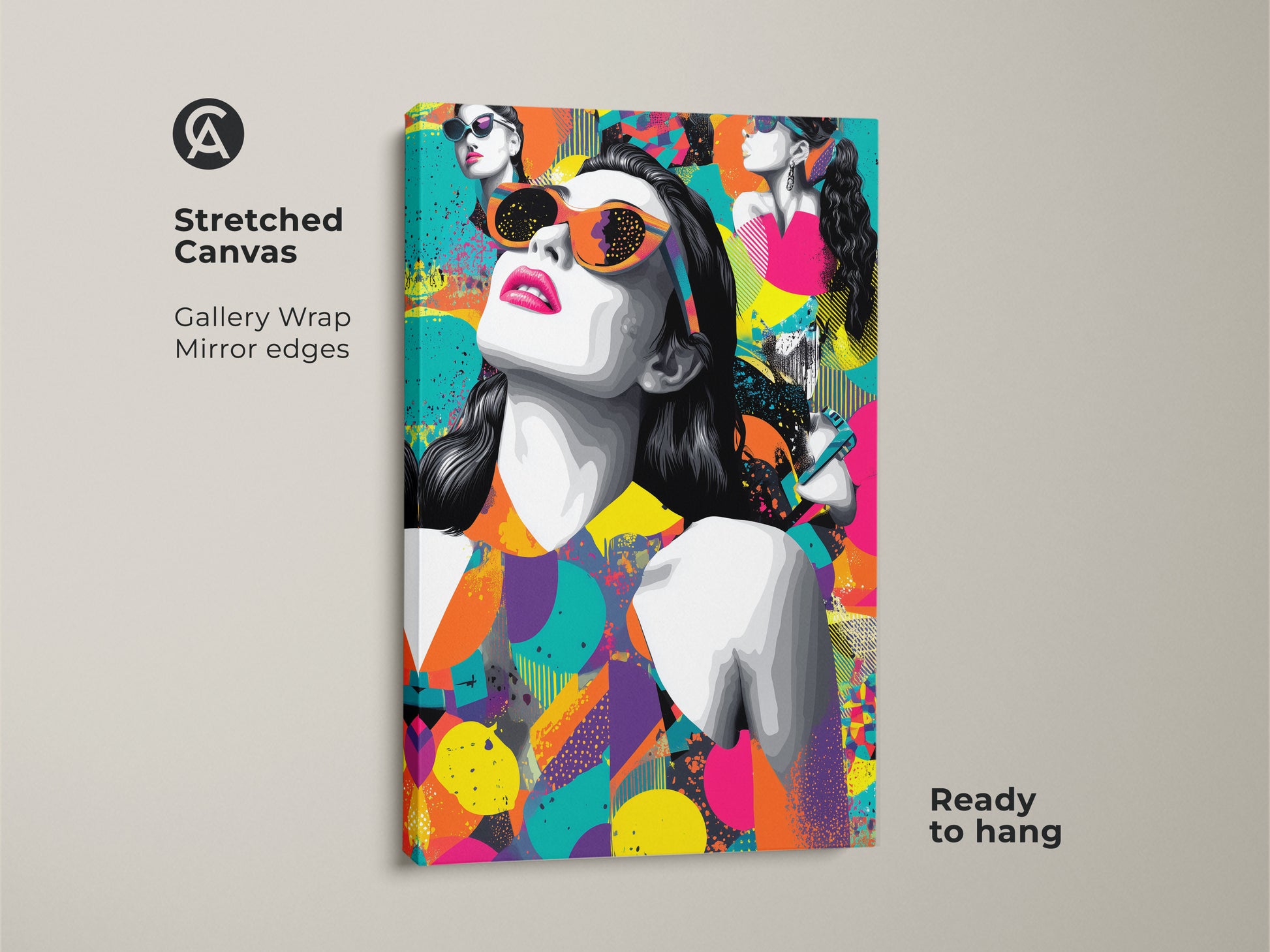 Stretched canvas of pop art woman with retro sunglasses. This eclectic abstract wall art features magenta orange teal decor. It's ready to hang and gallery wrapped. The mirror edges add a nice touch.