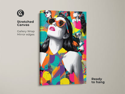 Stretched canvas of pop art woman with retro sunglasses. This eclectic abstract wall art features magenta orange teal decor. It's ready to hang and gallery wrapped. The mirror edges add a nice touch.