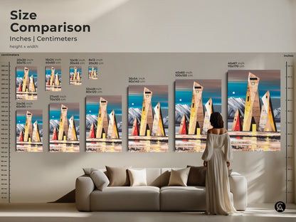 Geometric art print size comparison for contemporary interiors. Visualize abstract landscape canvas dimensions above a couch for scale. Choose the ideal teal brown yellow artwork to complement your living room.