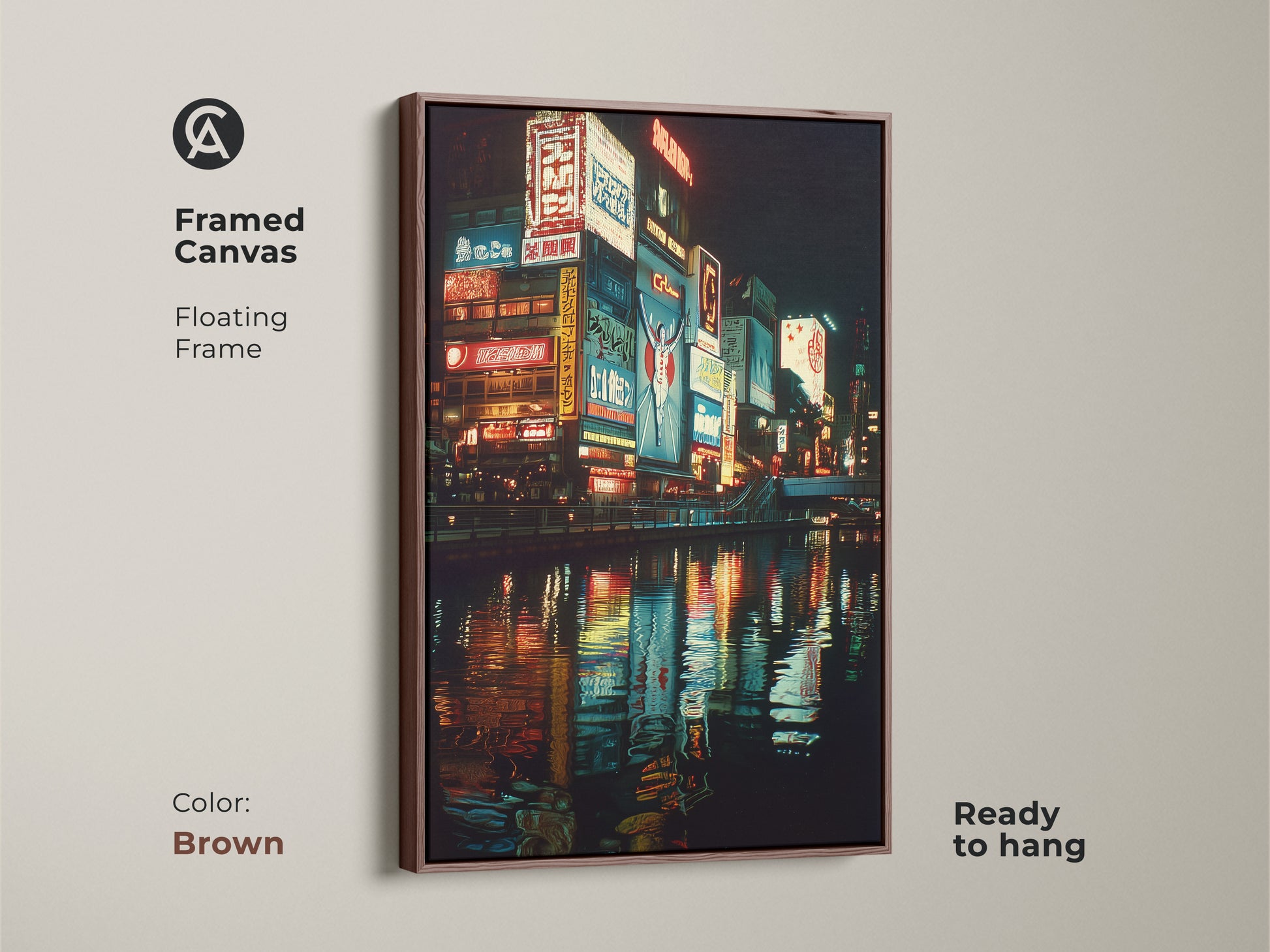 Osaka neon art print in a brown framed canvas. This Japan cityscape wall art brings the energy of Osaka's nightlife to your home. Ready to hang the contemporary artwork is perfect for any space. Ideal as a housewarming gift for travel enthusiasts. The floating frame adds sophistication.