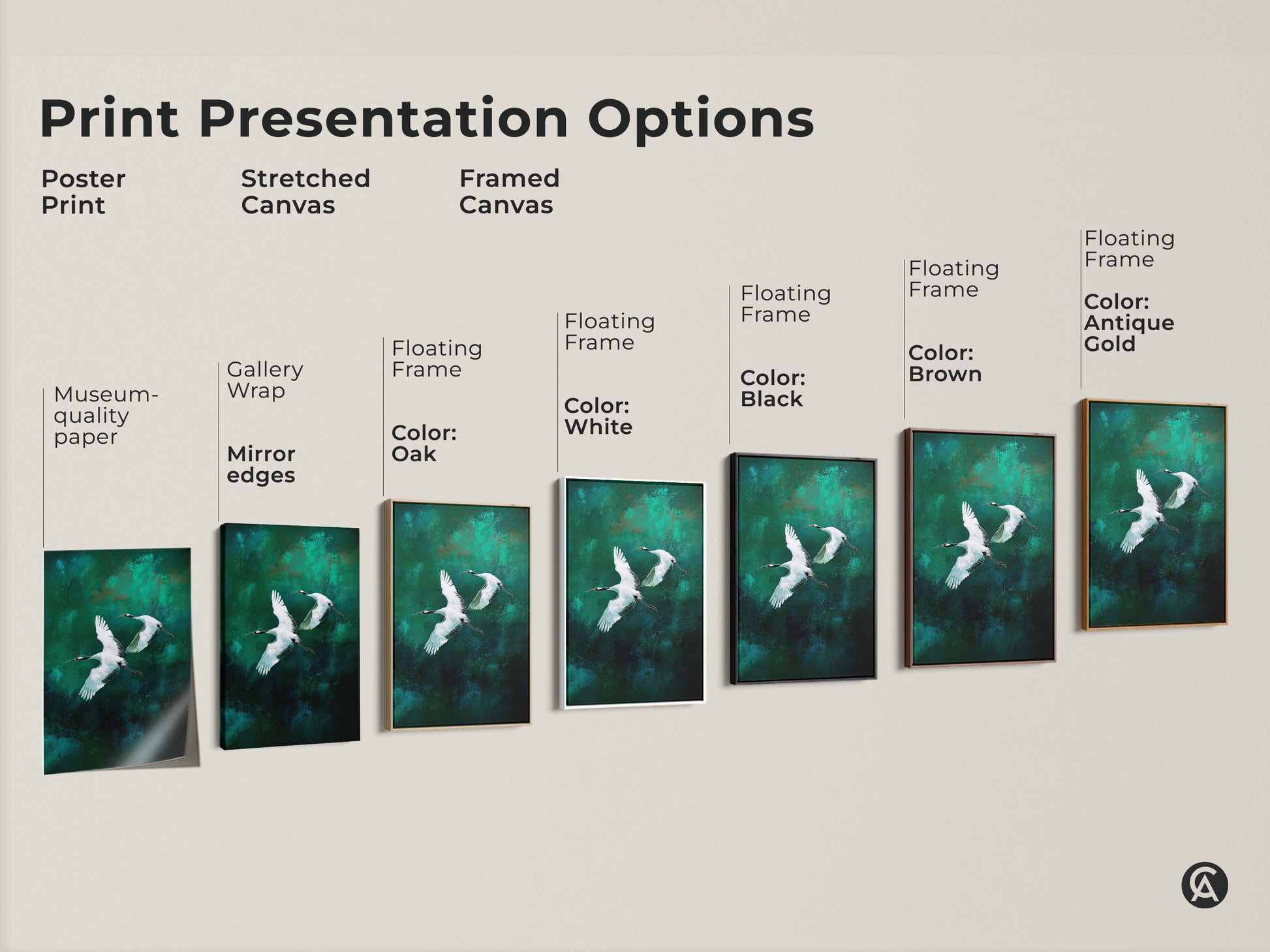 Explore print options for abstract emerald and teal cranes artwork. Choose from poster prints stretched canvas and framed canvas. Enhance your home with this modern nature canvas print now.