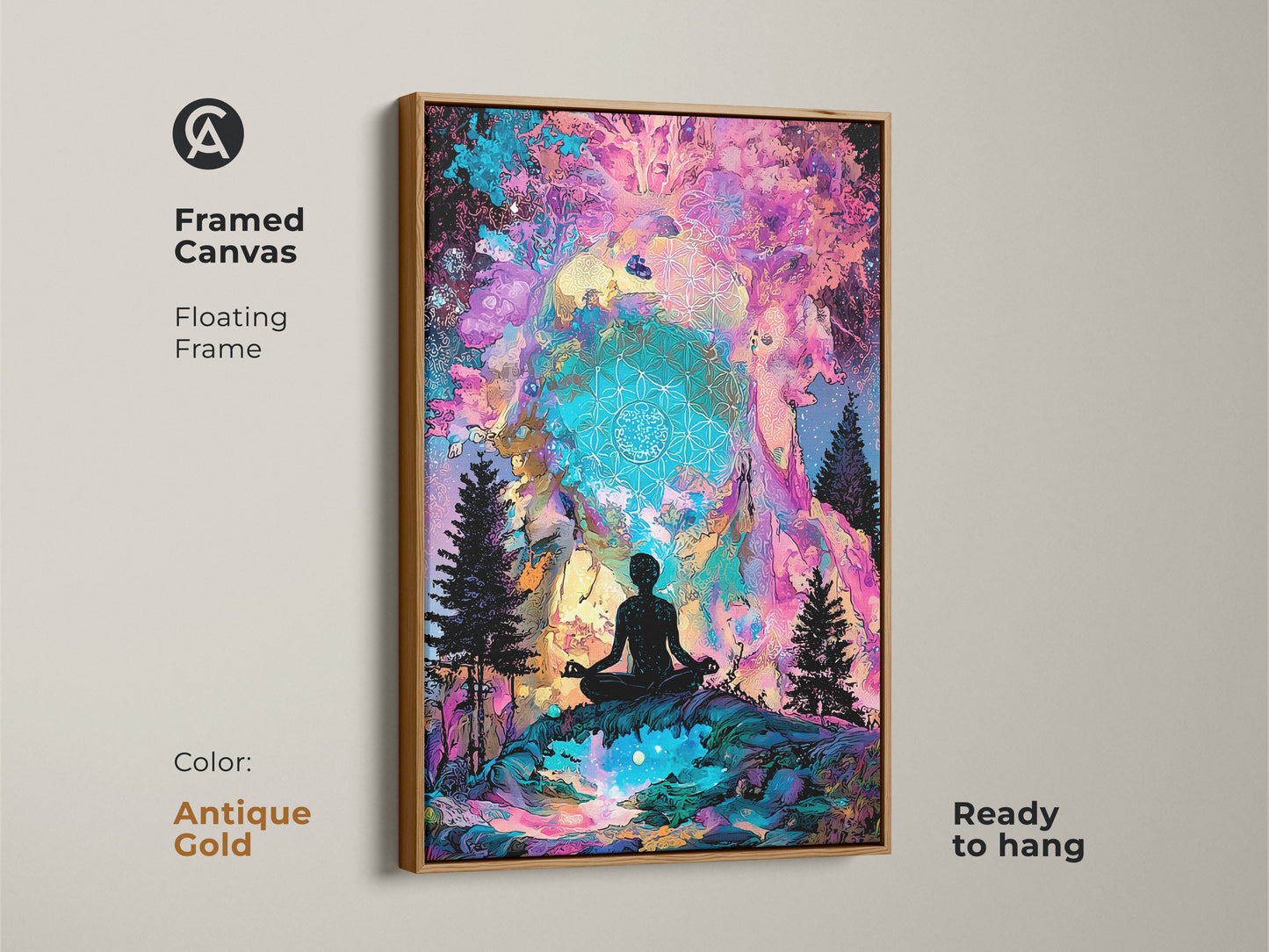 A framed canvas features spiritual artwork. A silhouette meditates in a vibrant landscape. The floating frame is antique gold. It is ready to hang. The canvas art will bring a tranquil vibe to your space.