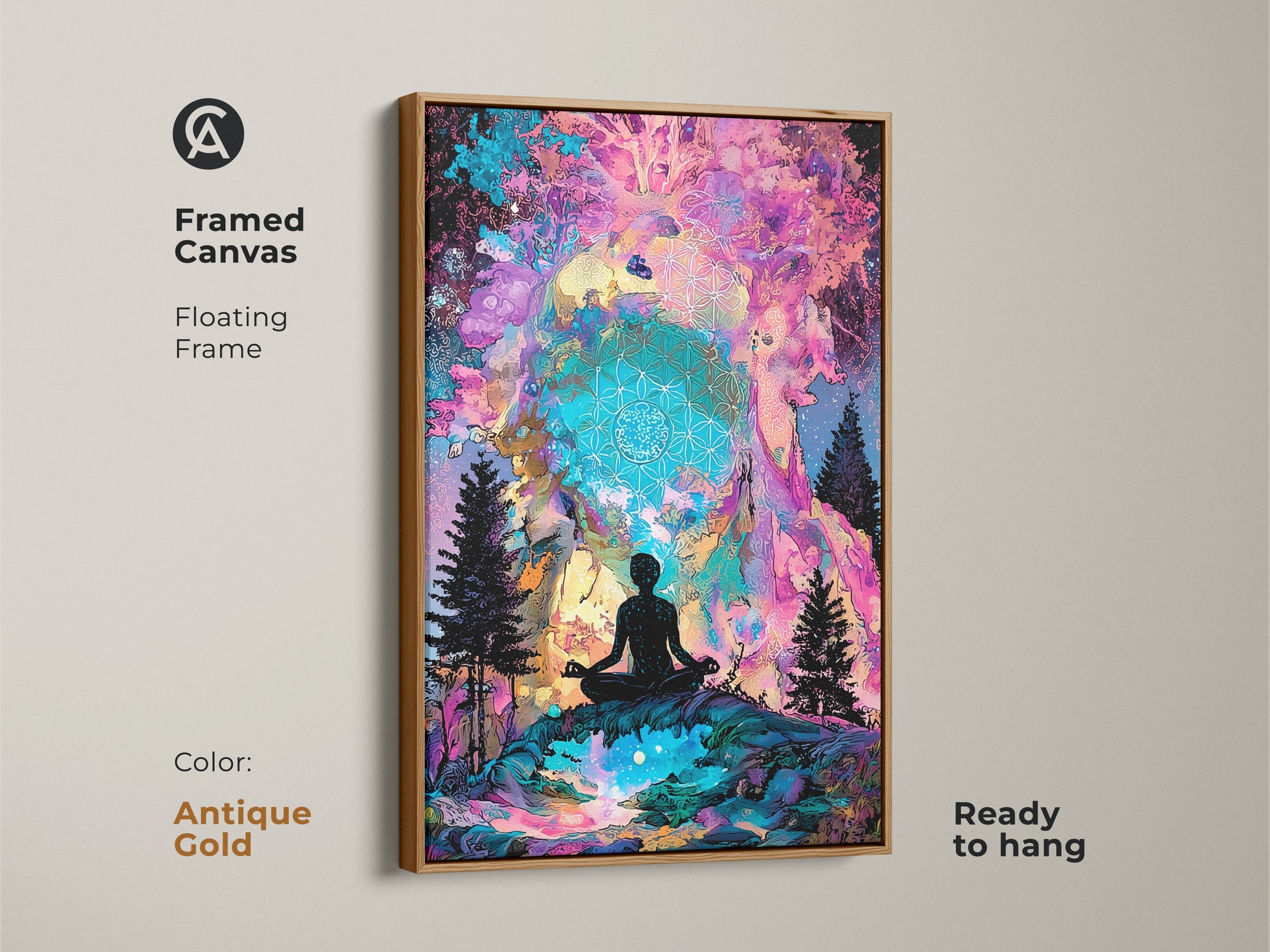 A framed canvas features spiritual artwork. A silhouette meditates in a vibrant landscape. The floating frame is antique gold. It is ready to hang. The canvas art will bring a tranquil vibe to your space.