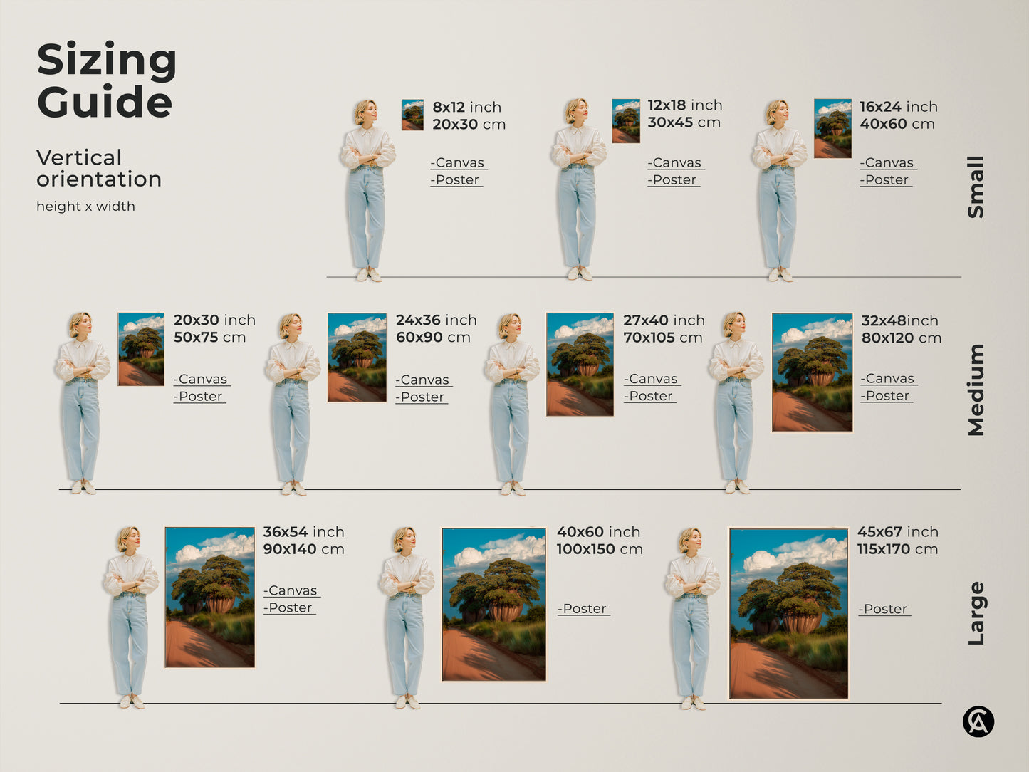 Sizing guide for vertical scenic baobab tree artwork. Available as canvas or poster in sizes from small to large. Find the perfect fit for your space. This African landscape art enhances any boho home decor. A great travel gift.