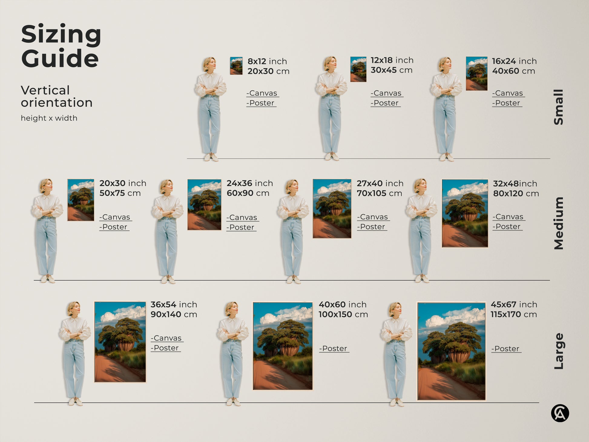 Sizing guide for vertical scenic baobab tree artwork. Available as canvas or poster in sizes from small to large. Find the perfect fit for your space. This African landscape art enhances any boho home decor. A great travel gift.