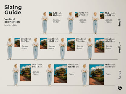 Sizing guide for vertical scenic baobab tree artwork. Available as canvas or poster in sizes from small to large. Find the perfect fit for your space. This African landscape art enhances any boho home decor. A great travel gift.