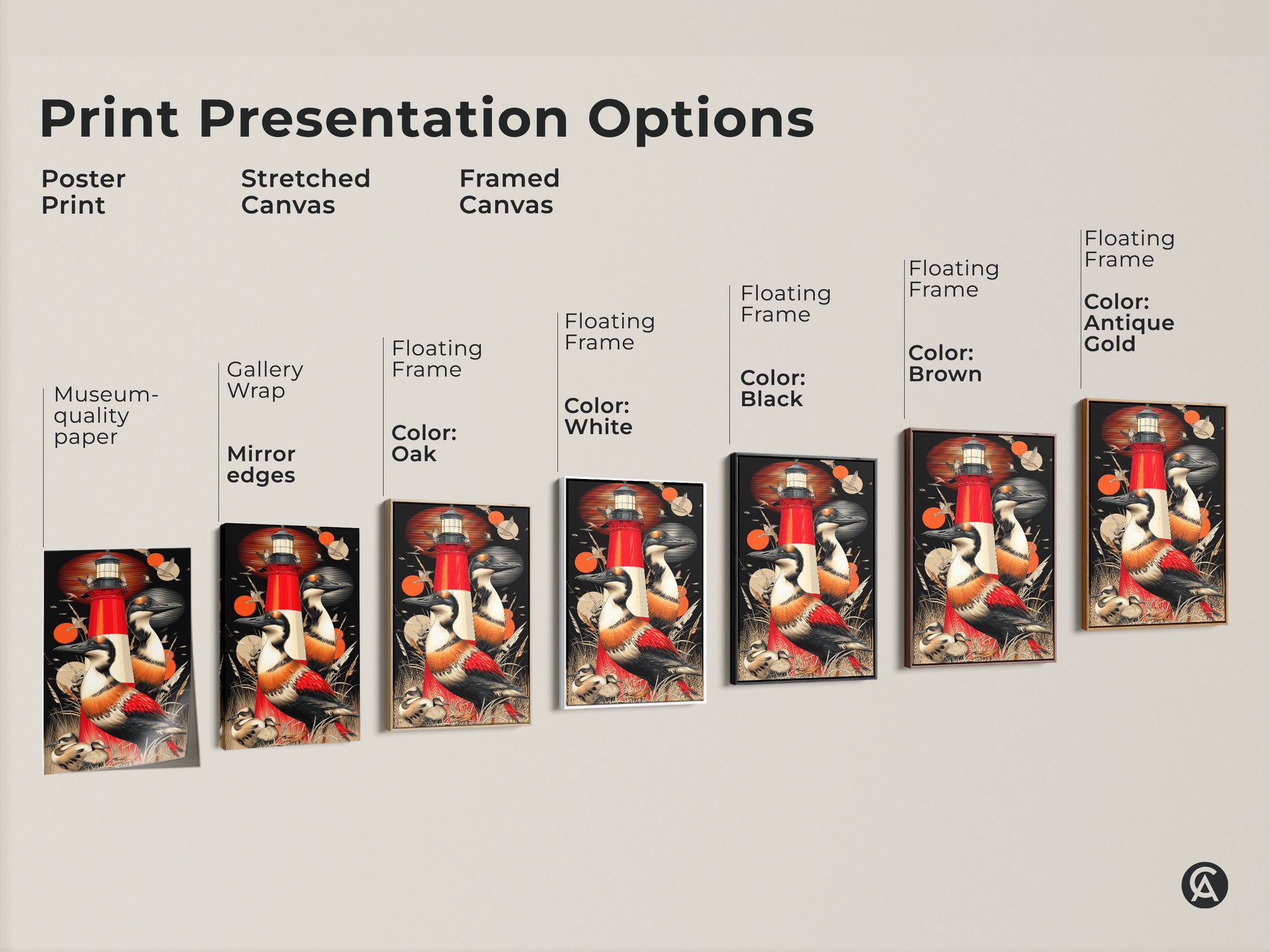 Explore various print presentation options for coastal canvas artwork. Featuring poster stretched and framed options this art has a red lighthouse and seabirds. The black backdrop and retro orange hues make the wildlife scene vibrant. Choose the perfect medium for your nautical home decor.