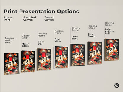 Explore various print presentation options for coastal canvas artwork. Featuring poster stretched and framed options this art has a red lighthouse and seabirds. The black backdrop and retro orange hues make the wildlife scene vibrant. Choose the perfect medium for your nautical home decor.
