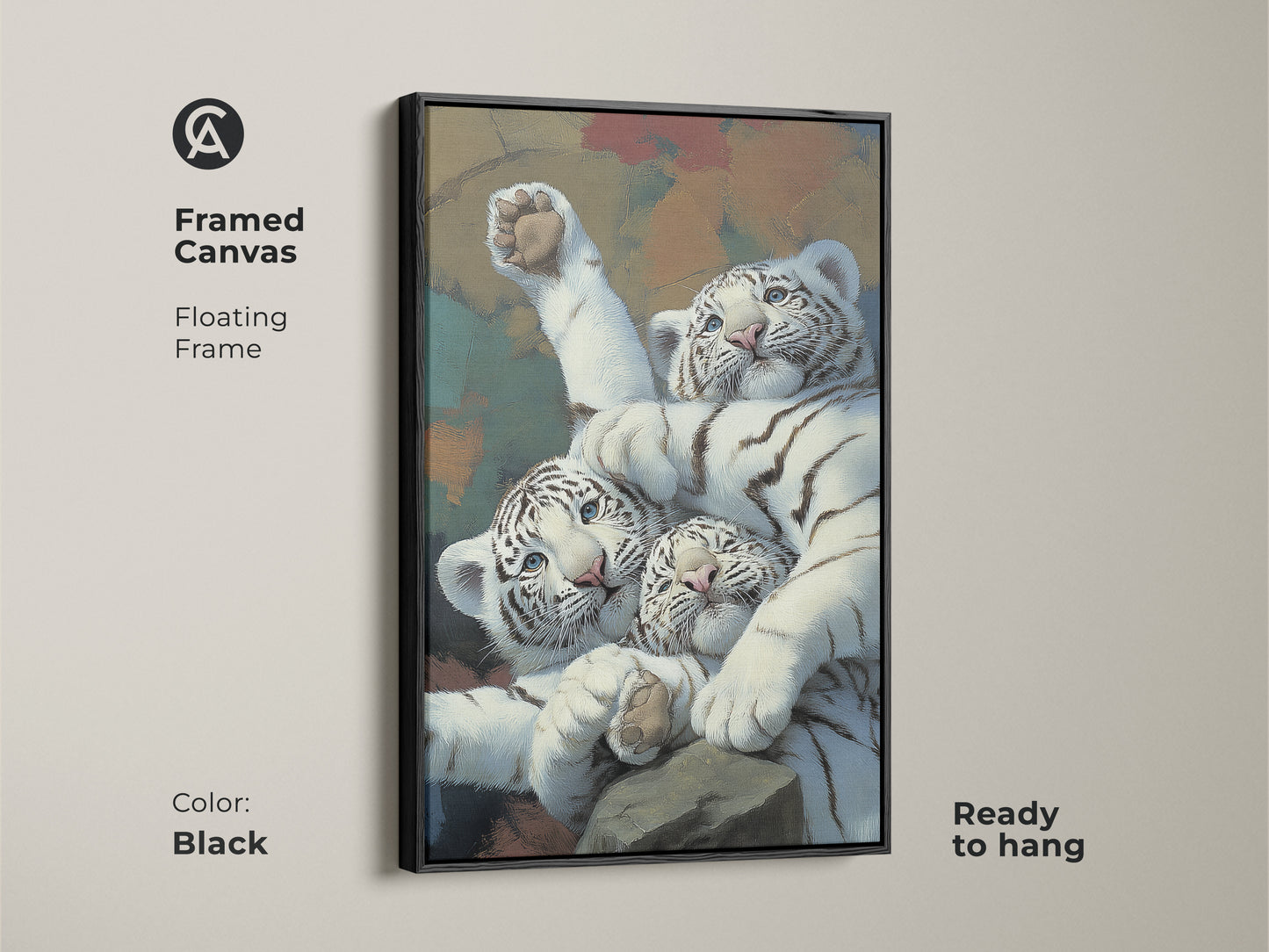 Framed canvas with realistic white tiger cubs art in a black floating frame. This wildlife feline canvas print is ready to hang. Ideal newborn tiger painting art for animal lovers. Add a touch of eclectic home decor with this big cat canvas artwork. A cute animal wall decor choice.