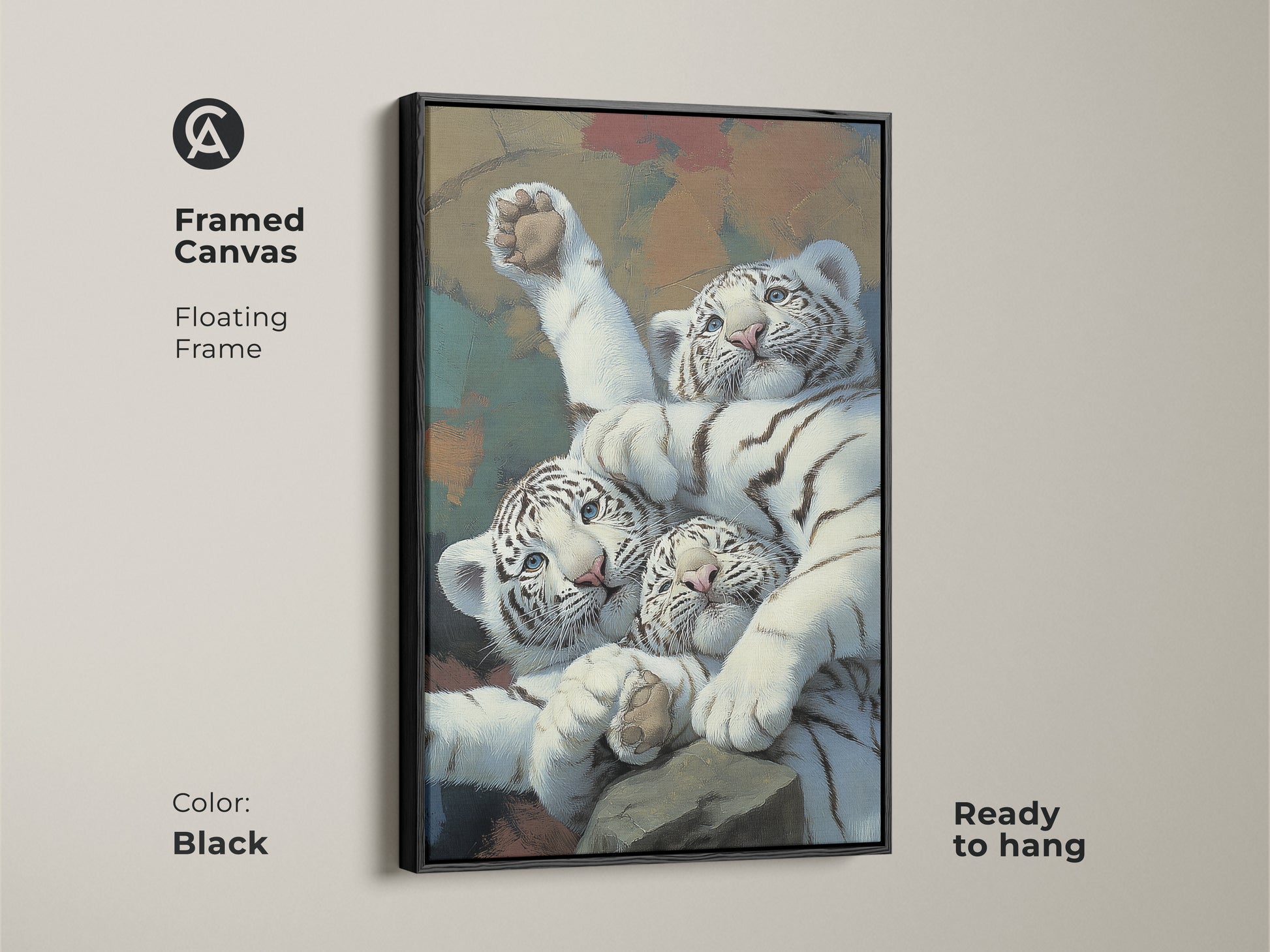 Framed canvas with realistic white tiger cubs art in a black floating frame. This wildlife feline canvas print is ready to hang. Ideal newborn tiger painting art for animal lovers. Add a touch of eclectic home decor with this big cat canvas artwork. A cute animal wall decor choice.