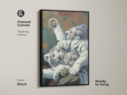 Framed canvas with realistic white tiger cubs art in a black floating frame. This wildlife feline canvas print is ready to hang. Ideal newborn tiger painting art for animal lovers. Add a touch of eclectic home decor with this big cat canvas artwork. A cute animal wall decor choice.
