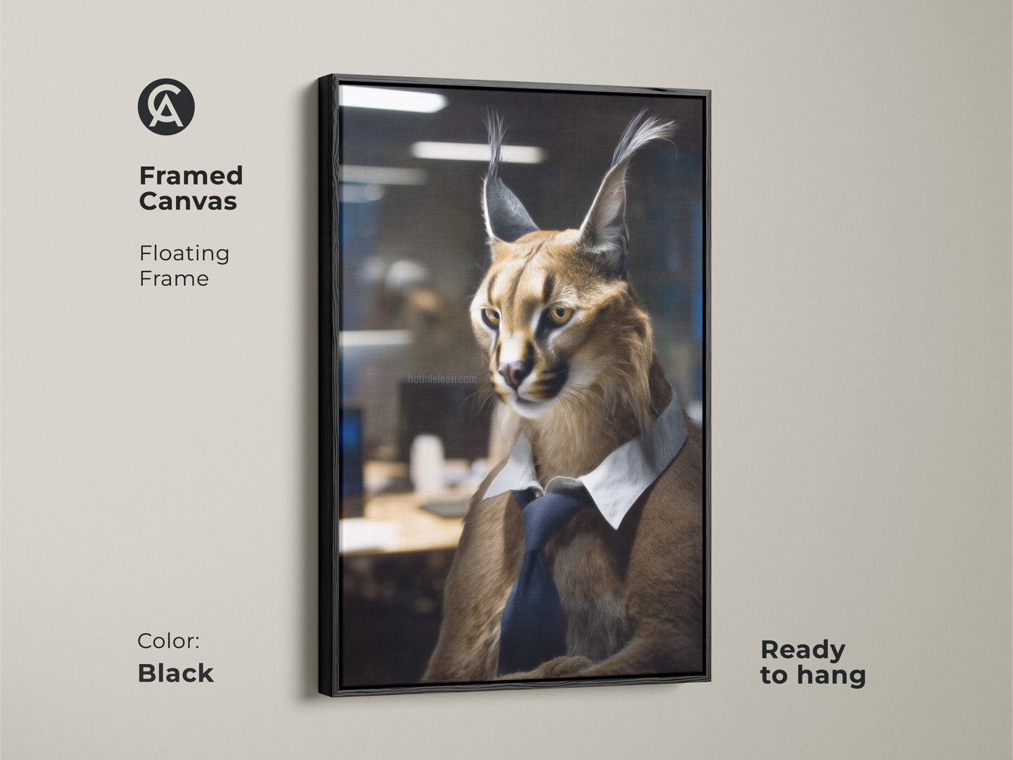 Framed Canvas artwork of a Caracal in business attire. This contemporary office wall art is ready to hang. The black floating frame complements this wildlife portrait beautifully. A unique animal themed gift.