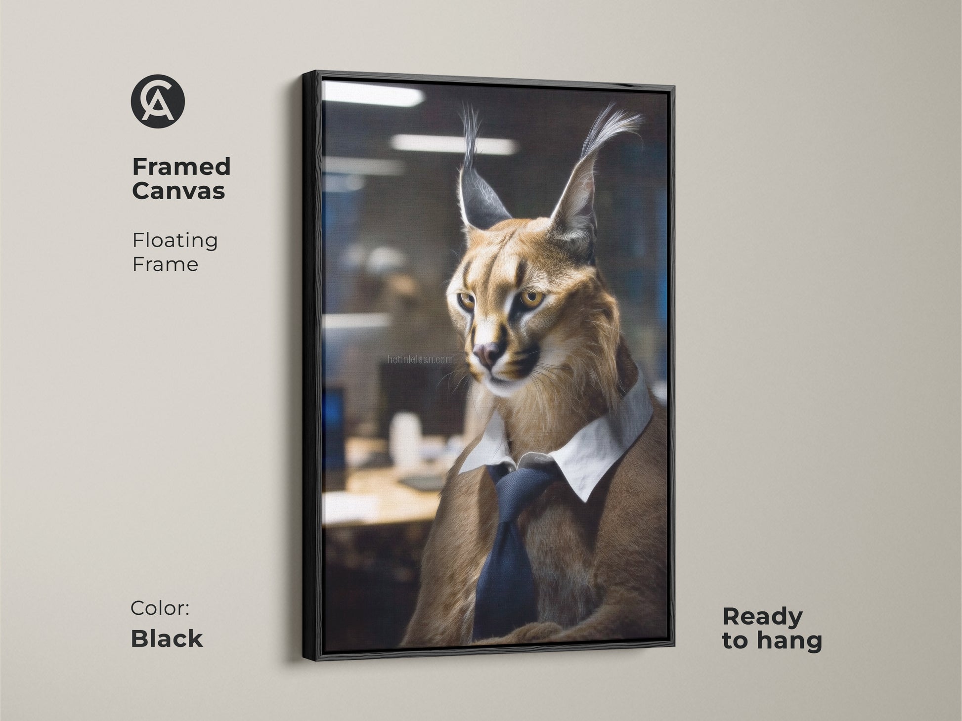 Framed Canvas artwork of a Caracal in business attire. This contemporary office wall art is ready to hang. The black floating frame complements this wildlife portrait beautifully. A unique animal themed gift.