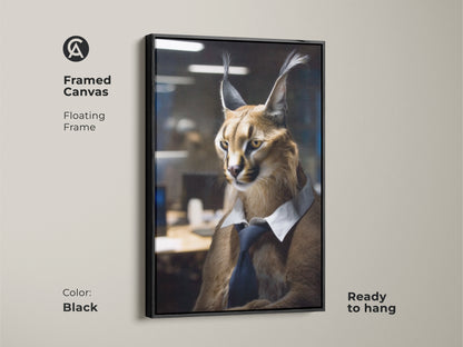 Framed Canvas artwork of a Caracal in business attire. This contemporary office wall art is ready to hang. The black floating frame complements this wildlife portrait beautifully. A unique animal themed gift.