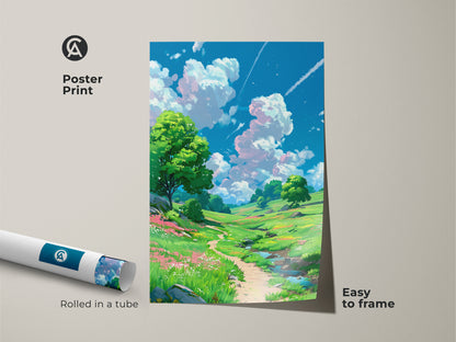 Poster print of a beautiful landscape art. The scene shows a path through a lush green meadow with trees. Wildflowers bloom under a blue sky filled with clouds. This easy-to-frame poster brings nature's beauty indoors.