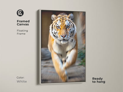 White framed canvas displaying a photorealistic tiger. The floating frame adds a modern touch to the orange black jungle animal artwork. Perfect wildlife art for home.