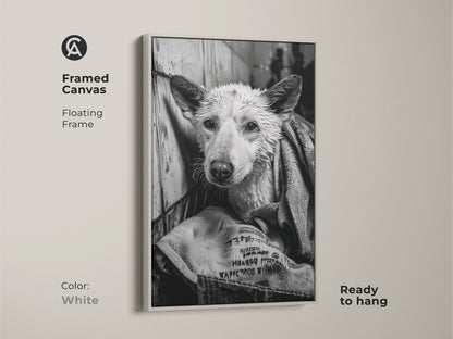 Framed canvas art in white featuring a wet dog. The floating frame complements the monochrome artwork. This ready-to-hang piece is perfect for dog lovers. The canine art piece adds a touch of humor to any room. This unique piece is a stylish decor choice.
