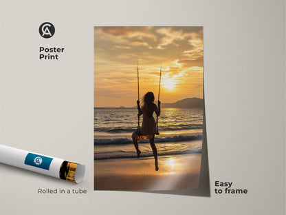 Poster print showcasing a silhouette woman on a swing against an orange sunset seascape. This summer vacation beach artwork is easy to frame. Rolled in a tube for protection. It's an ideal travel inspired wall art piece for those who love serene beach scenes. Perfect for residential ocean view art.
