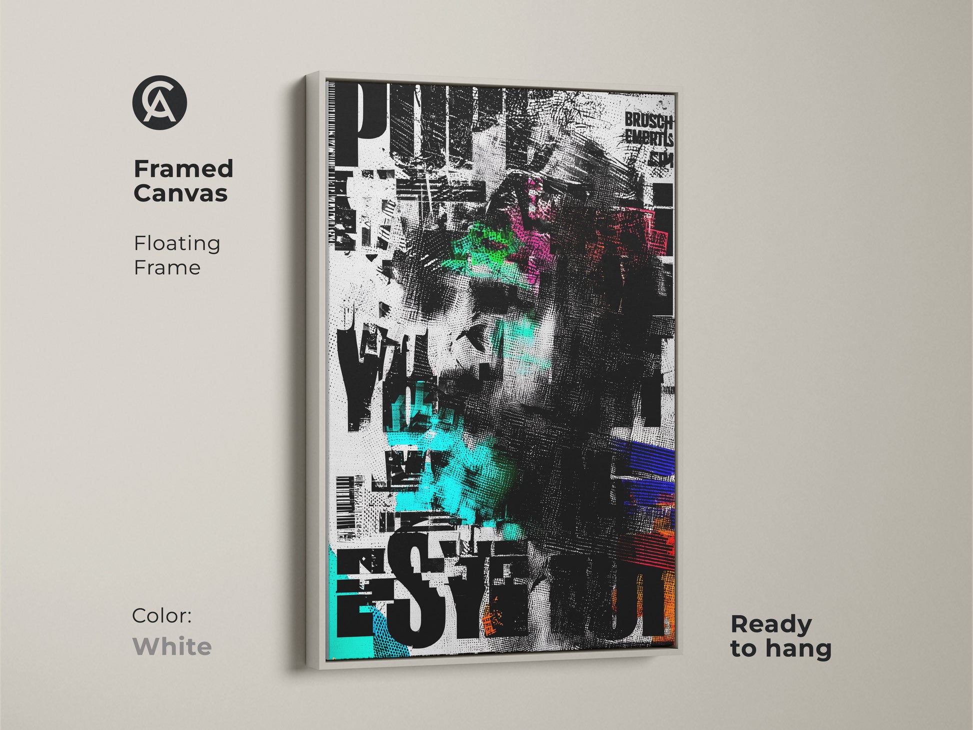 White framed canvas displaying abstract face artwork. The contemporary collage uses glitch art in black white and green. This floating frame adds a clean modern touch. It's a great modern art canvas for any room. Ready to hang and enjoy.