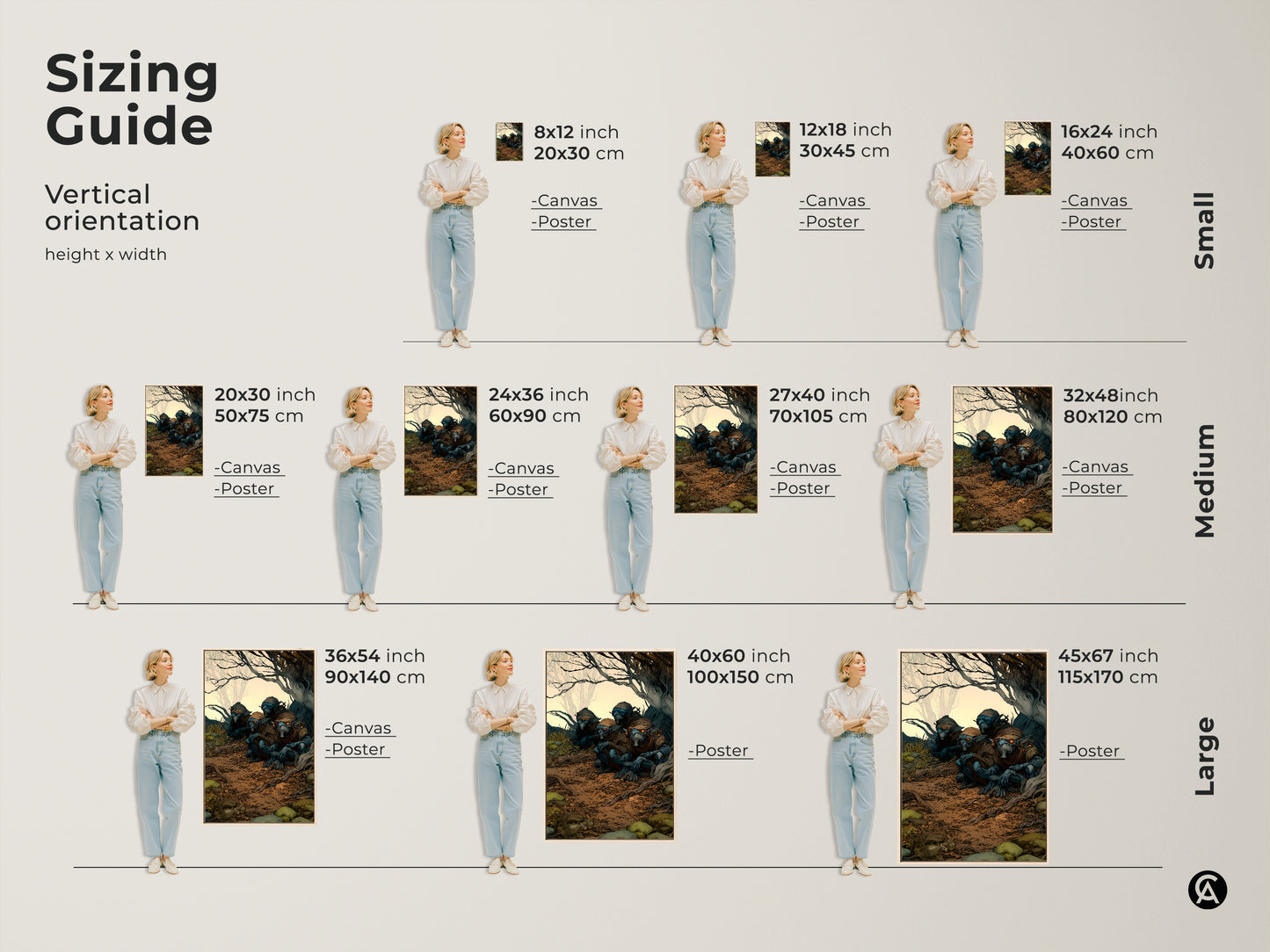 Sizing guide for goblin forest art prints. Visualize the art in various sizes with a model. This dark fantasy wall art comes in canvas and poster options. Find the perfect fit for your home decor.