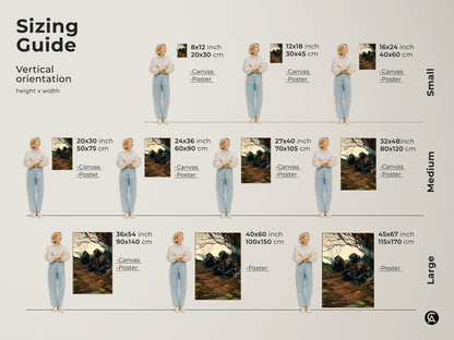 Sizing guide for goblin forest art prints. Visualize the art in various sizes with a model. This dark fantasy wall art comes in canvas and poster options. Find the perfect fit for your home decor.