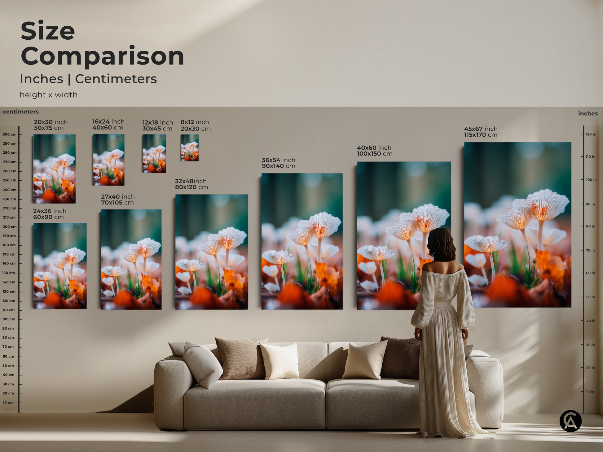Size comparison of mushroom art prints. See how different sizes look above a sofa. Available in sizes from 8x12 inches to 45x67 inches. Perfect for any room. Canvas and poster options available.