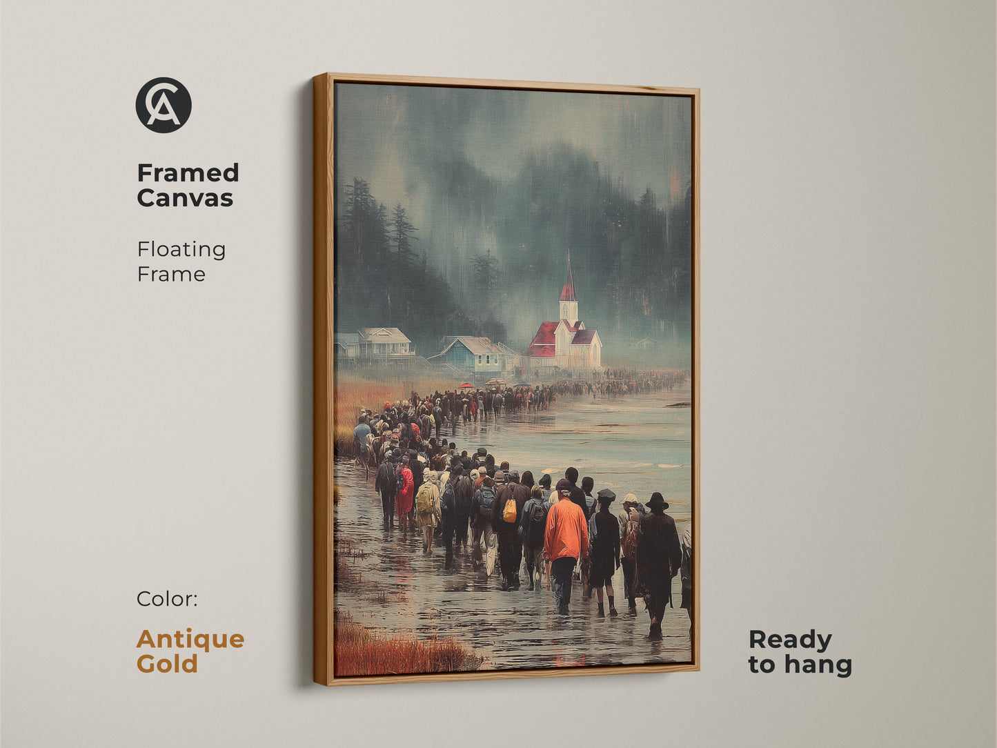 Framed canvas shows a procession to church in a coastal town. The Antique Gold floating frame adds elegance to the figurative artwork. This print is ready to hang it's a travel themed wall decor ideal as a thoughtful housewarming gift. It enhances narrative driven interiors