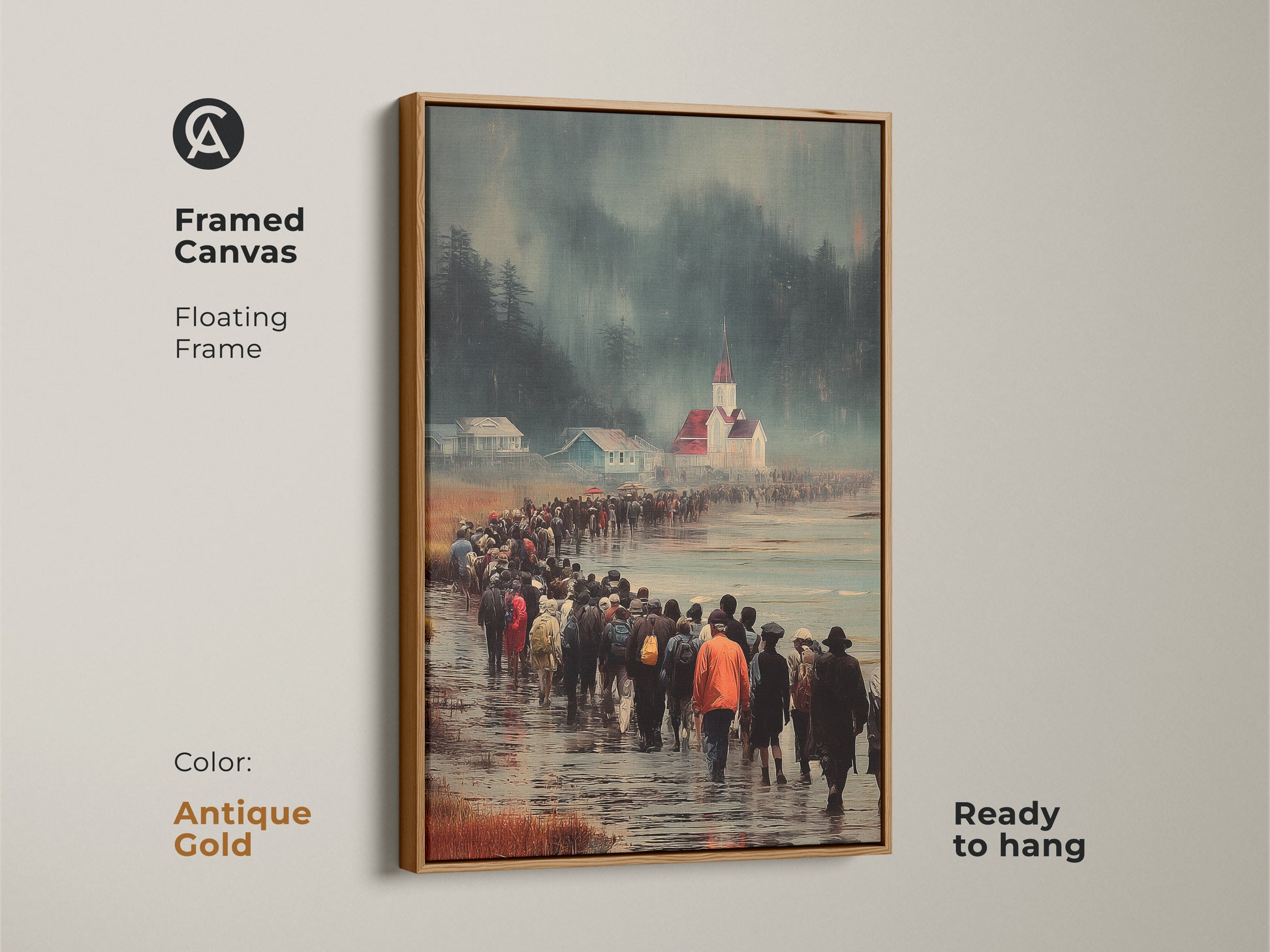 Framed canvas shows a procession to church in a coastal town. The Antique Gold floating frame adds elegance to the figurative artwork. This print is ready to hang it's a travel themed wall decor ideal as a thoughtful housewarming gift. It enhances narrative driven interiors