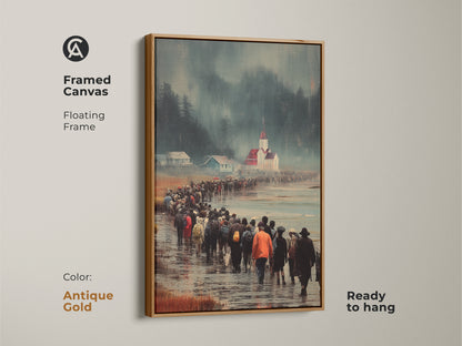 Framed canvas shows a procession to church in a coastal town. The Antique Gold floating frame adds elegance to the figurative artwork. This print is ready to hang it's a travel themed wall decor ideal as a thoughtful housewarming gift. It enhances narrative driven interiors