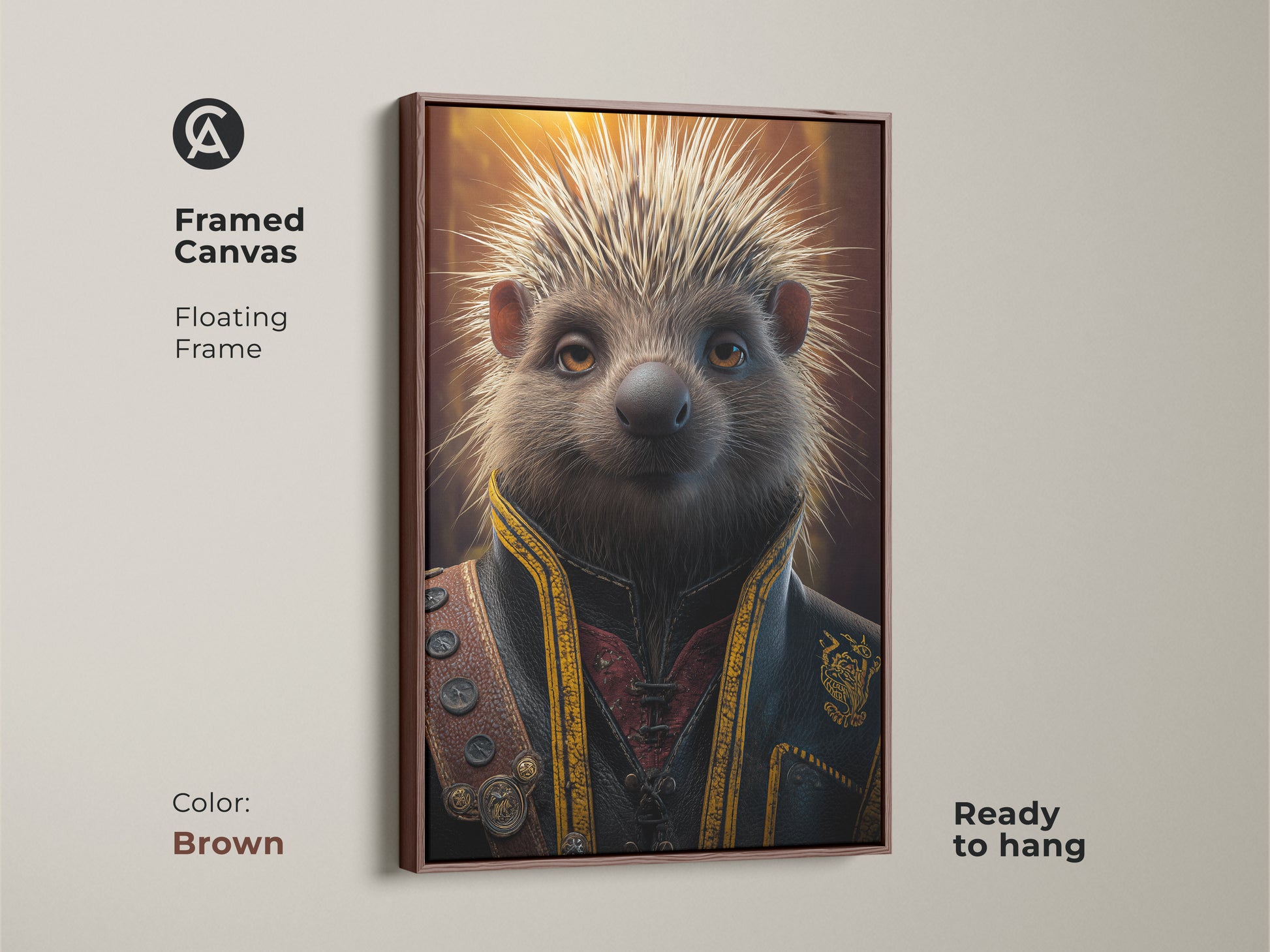 Brown framed canvas art of a steampunk hedgehog. This Victorian animal portrait features a floating frame. This dark academia artwork is ready to hang and enjoy now.