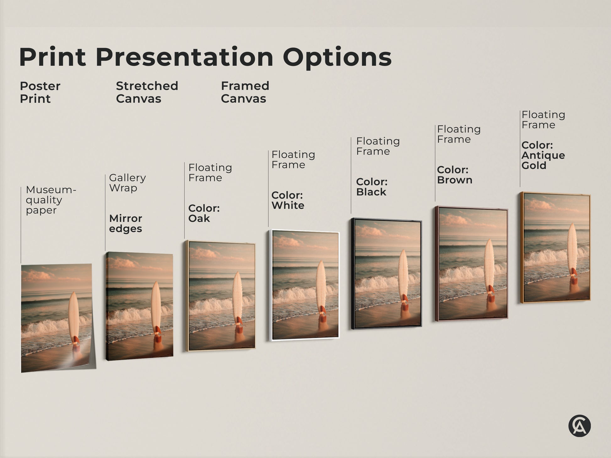 Print presentation options for surfboard beach artwork. Choose from poster print stretched canvas or framed canvas. Various frame colors available including white black brown and antique gold. Find the perfect art for your space.