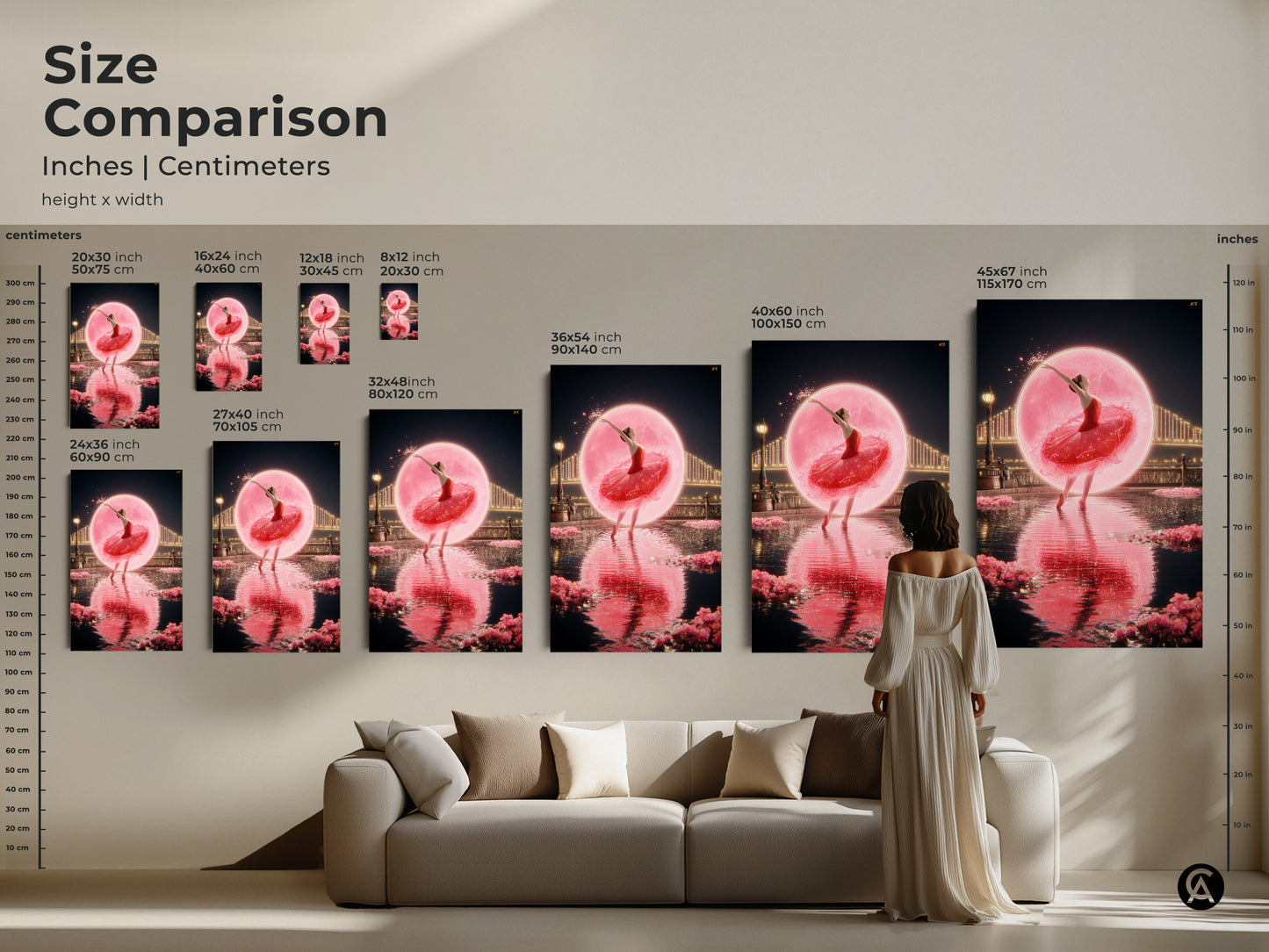 Size comparison of romantic ballerina prints in inches and centimeters. Visualize how each size fits above your sofa. From 20x30 cm to 45x67 inches. Perfect for dreamy bedroom decor. A magical ballerina poster for elegant wall hanging.