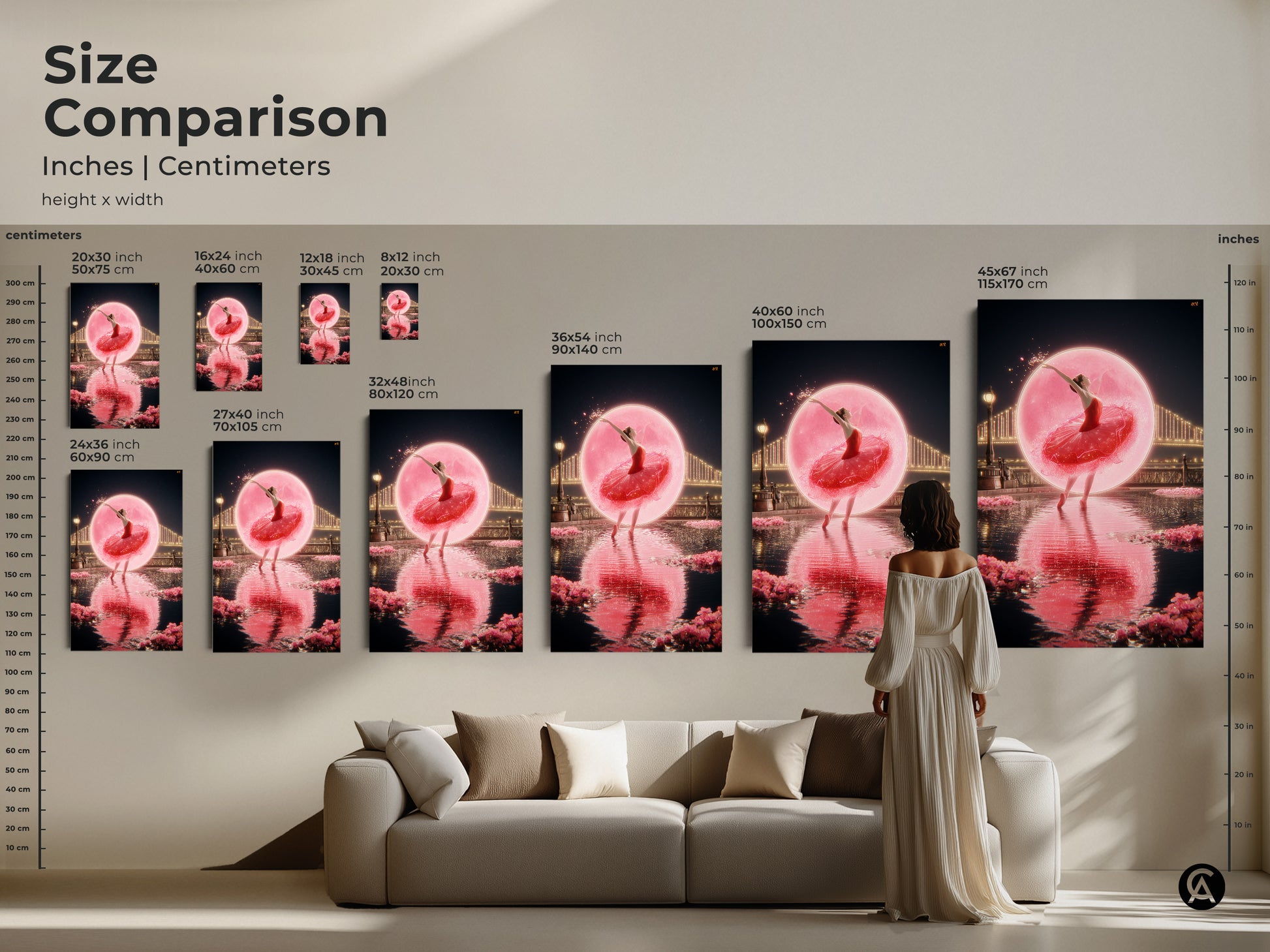 Size comparison of romantic ballerina prints in inches and centimeters. Visualize how each size fits above your sofa. From 20x30 cm to 45x67 inches. Perfect for dreamy bedroom decor. A magical ballerina poster for elegant wall hanging.