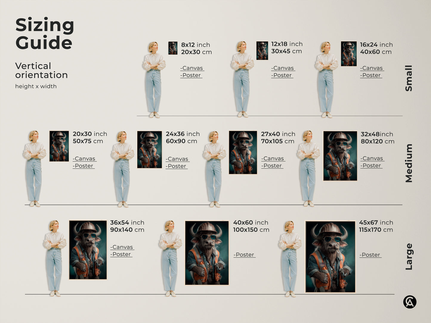 This sizing guide features a surrealist buffalo construction worker art print. The canvas and poster options come in small medium and large sizes. Find the perfect size for your space. This humorous digital wall art is great for an office or eclectic home. The animal-themed artwork will add workplace personality to any space.