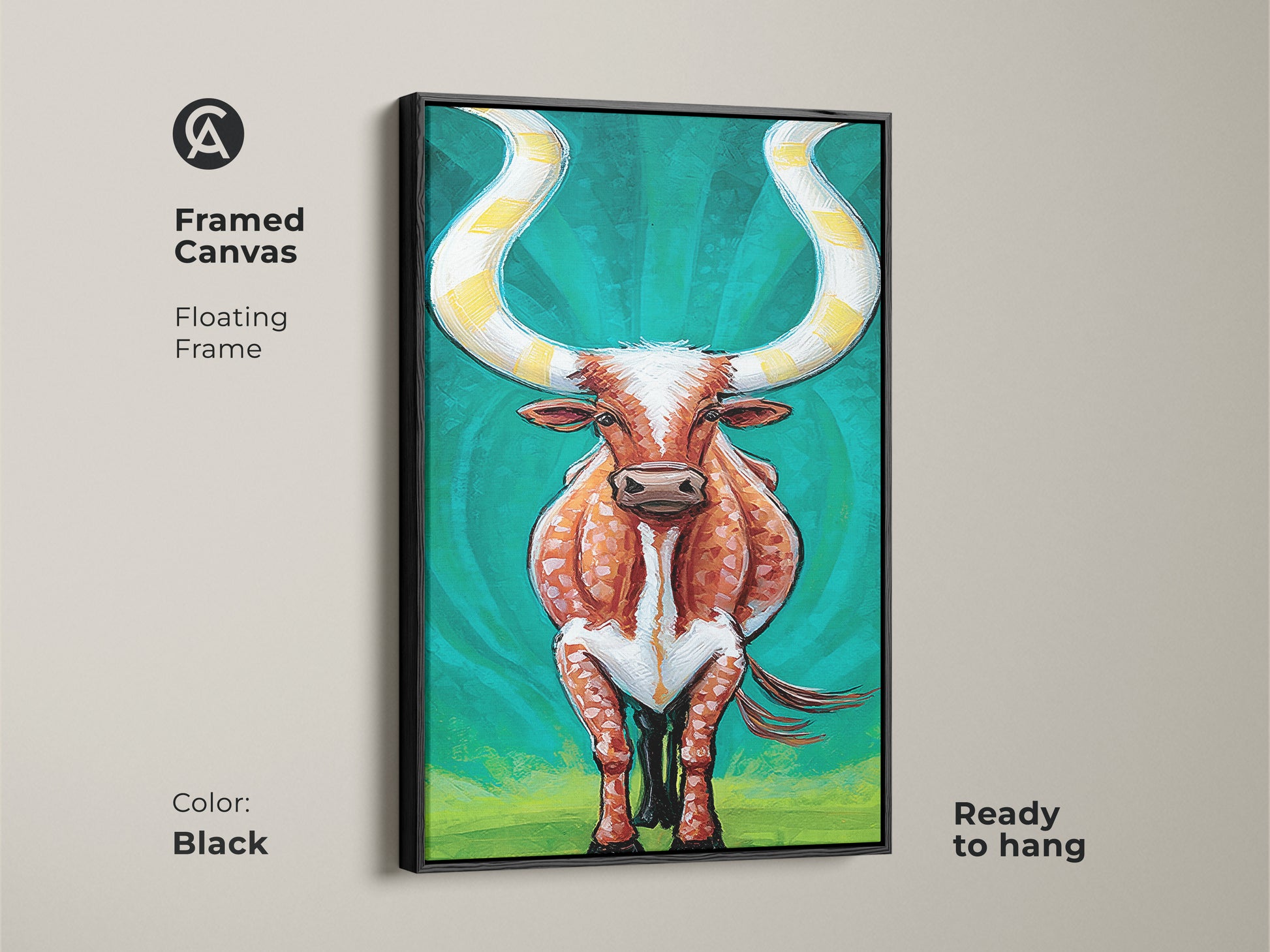 Framed canvas artwork of expressive longhorn cattle. The floating frame is black. Ready to hang this orange and teal animal print complements eclectic or ranch style decor. Perfect for adding a touch of Western charm to any room. This vibrant cattle art enhances your home.