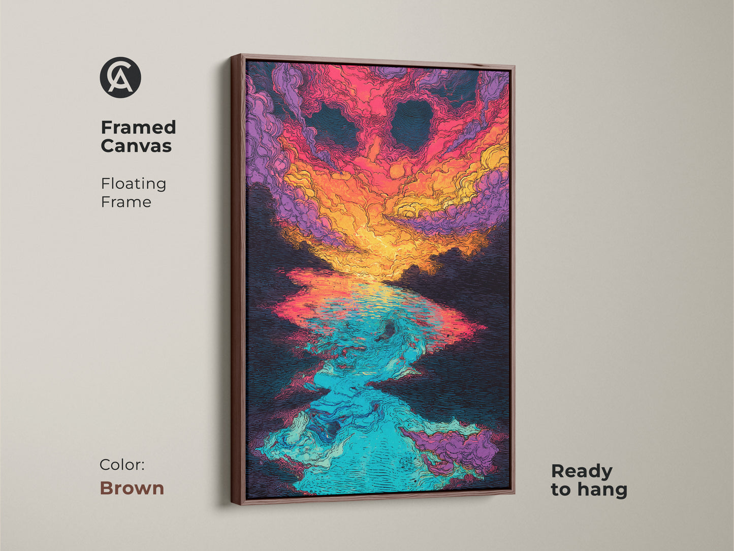 Framed canvas featuring an abstract sunset over water artwork. This canvas is set in a floating brown frame and ready to hang. The colors in the art include vibrant pink orange and blue tones.