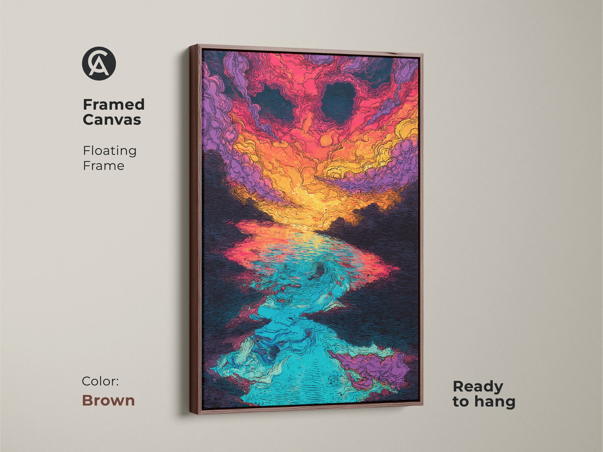 Framed canvas featuring an abstract sunset over water artwork. This canvas is set in a floating brown frame and ready to hang. The colors in the art include vibrant pink orange and blue tones.